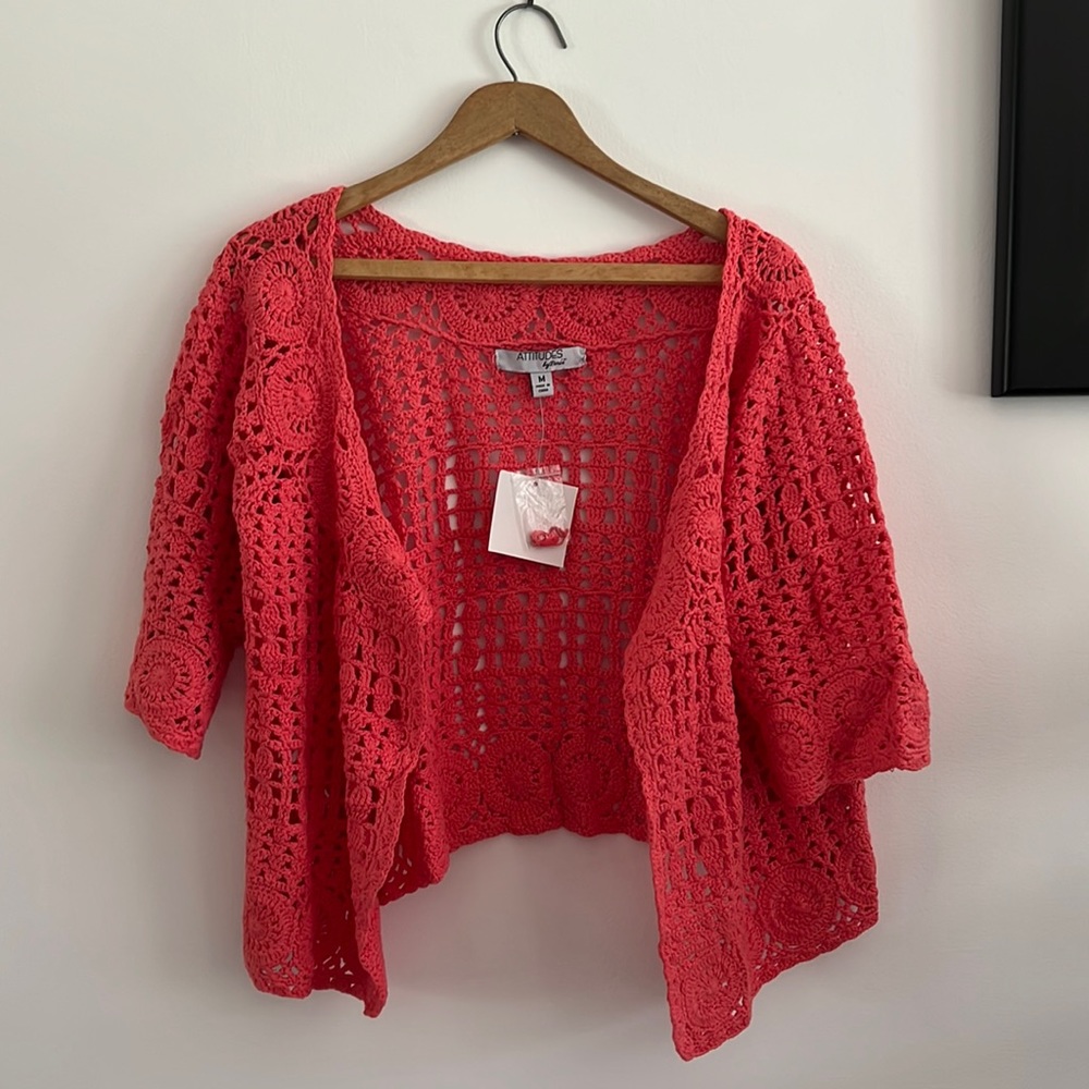 Attitudes by Renee Coral Crochet Open-Front Sweater